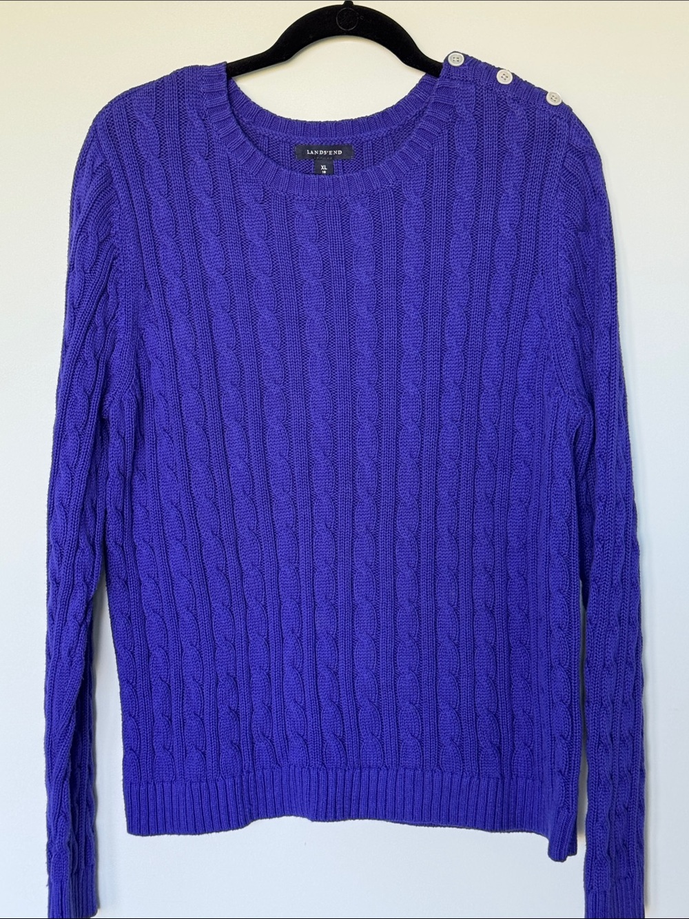 Lands' End Purple Cable-Knit Crewneck Cotton Sweater with Shoulder Buttons